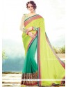 Exquisite Faux Chiffon Green And Yellow Patch Border Work Designer Half N Half Saree