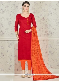 Auspicious Chanderi Cotton Orange And Red Print Work Churidar Suit