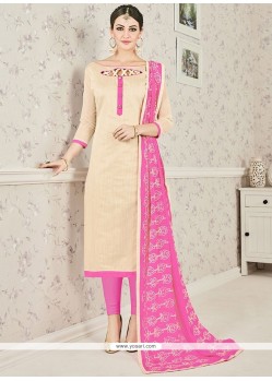 Gripping Chanderi Cotton Beige And Pink Churidar Suit