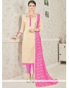 Gripping Chanderi Cotton Beige And Pink Churidar Suit