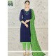 Trendy Green And Navy Blue Print Work Chanderi Cotton Churidar Suit