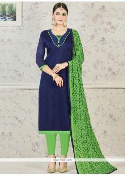 Trendy Green And Navy Blue Print Work Chanderi Cotton Churidar Suit