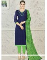 Trendy Green And Navy Blue Print Work Chanderi Cotton Churidar Suit