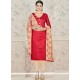 Ravishing Beige And Red Lace Work Chanderi Cotton Churidar Suit