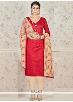 Ravishing Beige And Red Lace Work Chanderi Cotton Churidar Suit