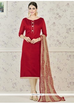 Gripping Print Work Beige And Maroon Chanderi Cotton Churidar Suit