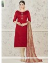 Gripping Print Work Beige And Maroon Chanderi Cotton Churidar Suit