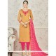 Mesmeric Mustard And Pink Chanderi Cotton Churidar Suit