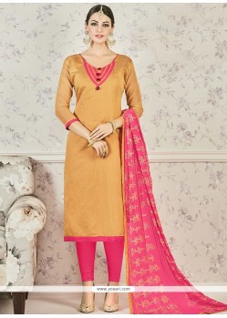 Mesmeric Mustard And Pink Chanderi Cotton Churidar Suit