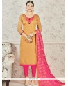 Mesmeric Mustard And Pink Chanderi Cotton Churidar Suit