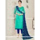 Sightly Navy Blue And Sea Green Print Work Chanderi Cotton Churidar Suit