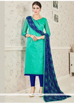 Sightly Navy Blue And Sea Green Print Work Chanderi Cotton Churidar Suit