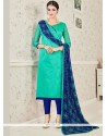 Sightly Navy Blue And Sea Green Print Work Chanderi Cotton Churidar Suit