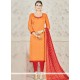 Delightful Orange And Red Chanderi Cotton Churidar Suit