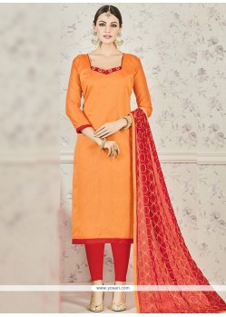 Delightful Orange And Red Chanderi Cotton Churidar Suit