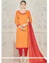 Delightful Orange And Red Chanderi Cotton Churidar Suit