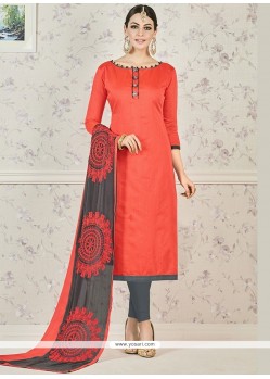 Beautiful Grey And Orange Chanderi Cotton Churidar Suit