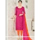 Modest Hot Pink And Orange Print Work Chanderi Cotton Churidar Suit