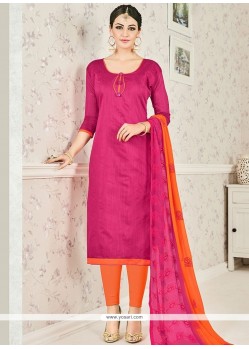 Modest Hot Pink And Orange Print Work Chanderi Cotton Churidar Suit