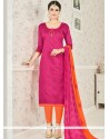 Modest Hot Pink And Orange Print Work Chanderi Cotton Churidar Suit