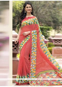 Sightly Faux Georgette Peach Print Work Casual Saree