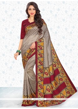 Sensible Print Work Beige And Maroon Casual Saree