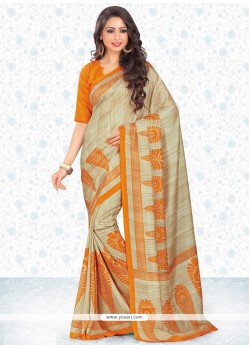 Pleasing Beige Print Work Faux Crepe Casual Saree