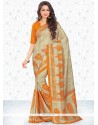 Pleasing Beige Print Work Faux Crepe Casual Saree