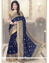 Engrossing Zari Work Navy Blue Faux Chiffon Traditional Saree