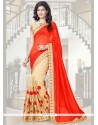 Enthralling Faux Georgette Beige And Orange Resham Work Designer Half N Half Saree