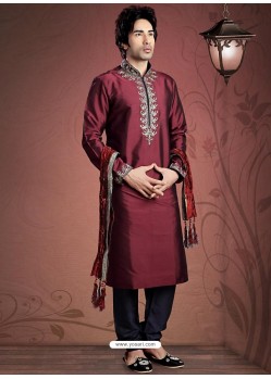 Demure Maroon Resham Work Kurta Pajama