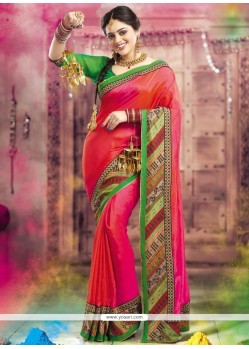 Cherubic Patch Border Work Green And Pink Traditional Saree