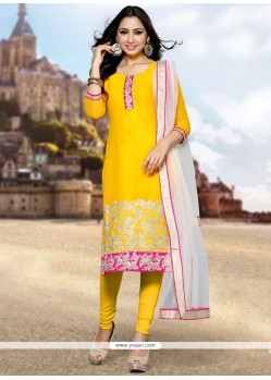 Bedazzling Faux Georgette Yellow Churidar Suit