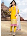 Bedazzling Faux Georgette Yellow Churidar Suit
