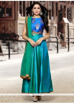 Congenial Embroidered Work Blue And Green Floor Length Suit