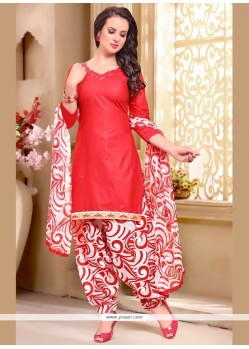 Appealing Cotton Red Print Work Punjabi Suit