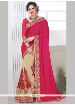 Eye-catchy Net Beige And Hot Pink Half N Half Trendy Saree