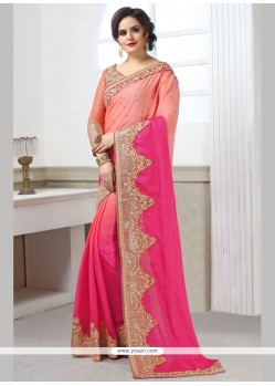Dignified Faux Chiffon Peach And Pink Classic Designer Saree