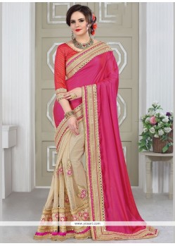 Affectionate Beige And Pink Patch Border Work Fancy Fabric Half N Half Designer Saree