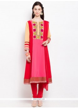 Ruritanian Pink And Red Embroidered Work Faux Georgette Readymade Suit