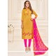 Catchy Hot Pink And Mustard Embroidered Work Churidar Suit