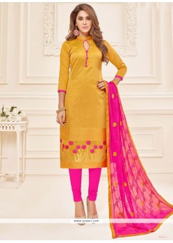 Catchy Hot Pink And Mustard Embroidered Work Churidar Suit