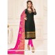 Mesmerizing Jacquard Black And Hot Pink Lace Work Churidar Suit