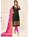 Mesmerizing Jacquard Black And Hot Pink Lace Work Churidar Suit