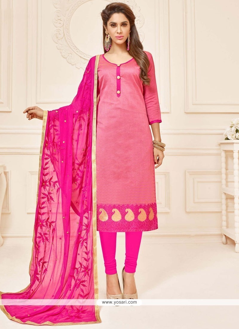 Buy Glitzy Hot Pink Embroidered Work Jacquard Churidar Suit | Churidar ...