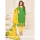 Exceptional Embroidered Work Green And Yellow Jacquard Churidar Suit