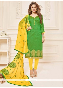 Exceptional Embroidered Work Green And Yellow Jacquard Churidar Suit