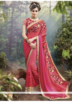 Customary Pink And Red Diamond Work Satin Shaded Saree