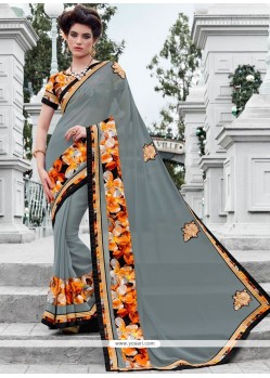 Embroidered Faux Georgette Classic Saree In Grey