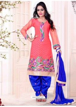 Pink And Blue Cotton Punjabi Suit